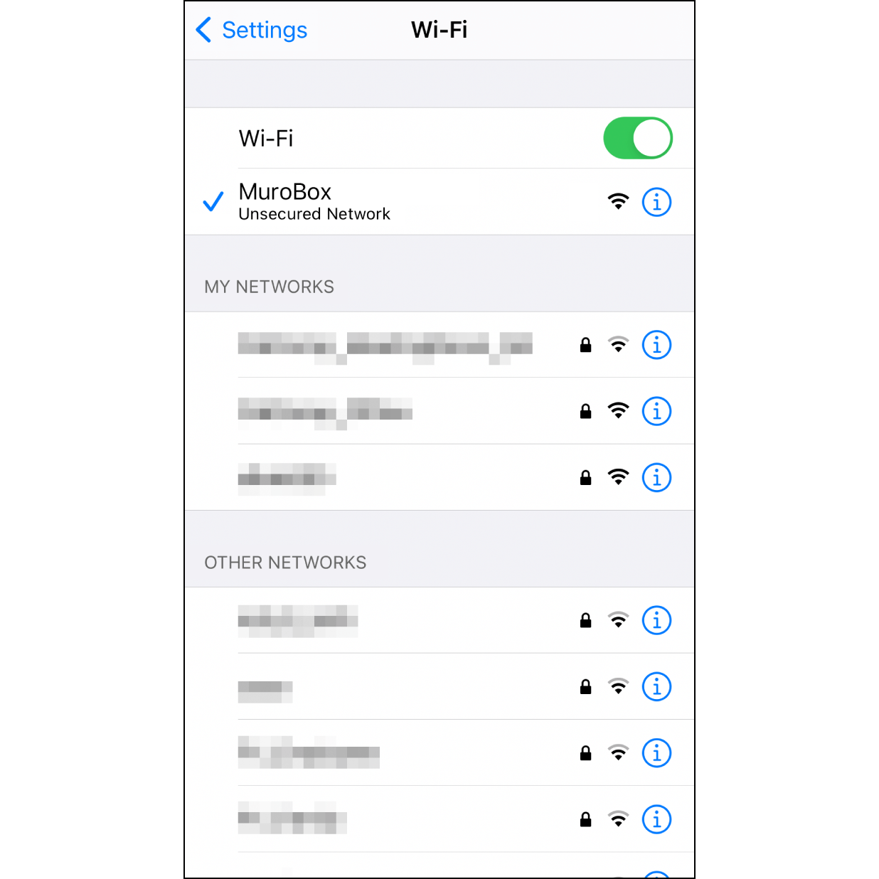 5. Connect to Muro Box Wi-FiEnter iPhone’s “Setting Page” > “Wi-Fi”. Select the “Muro Box” from this wifi menu.