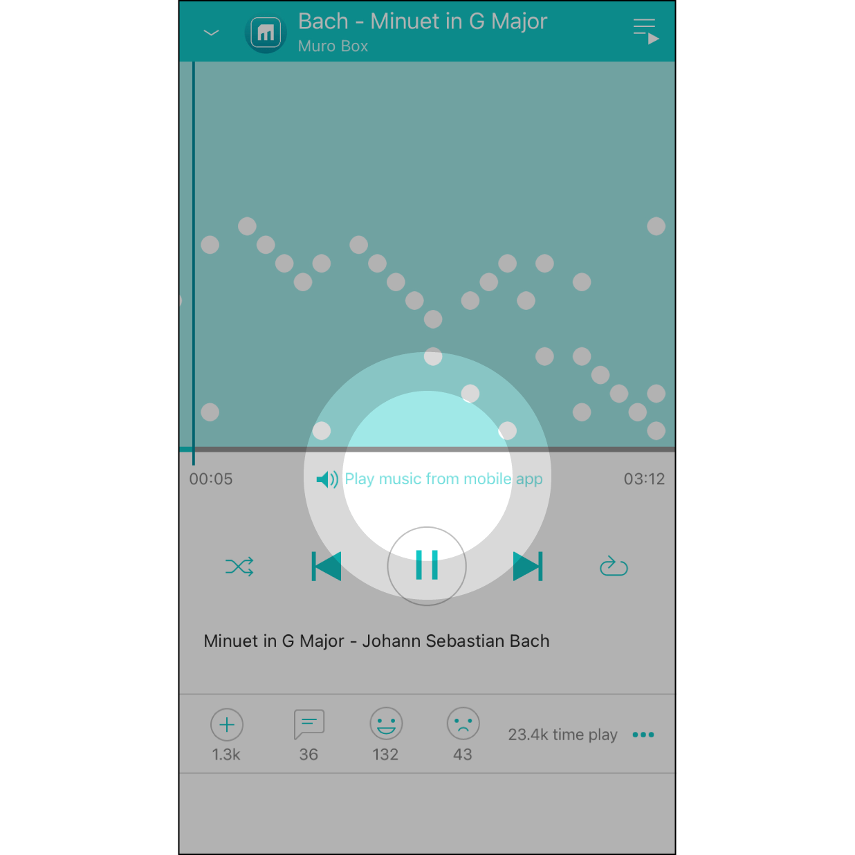 Play Music from the App or Muro BoxWhen the app is connected to Muro Box, hit “Play music from mobile app/Muro Box”, to select the playing source.