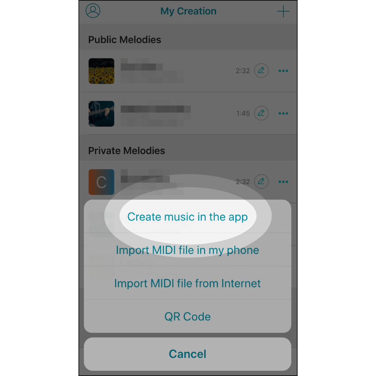 Select “Create Music in the app”Select “Create music in the app” to start composing a melody.