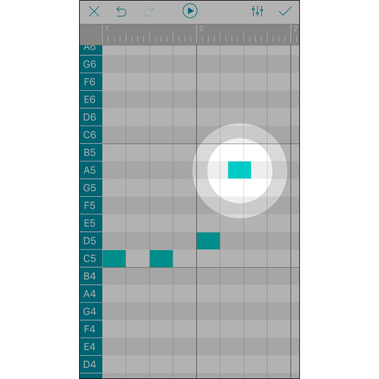 Long Press a Note to AdjustPress and hold a note can move its location forward or backward subtly. Each note in the box is allowed to move forward or backward (¼ or ½ outside the box). Each ¼ width of a box represents a 1/64 note.