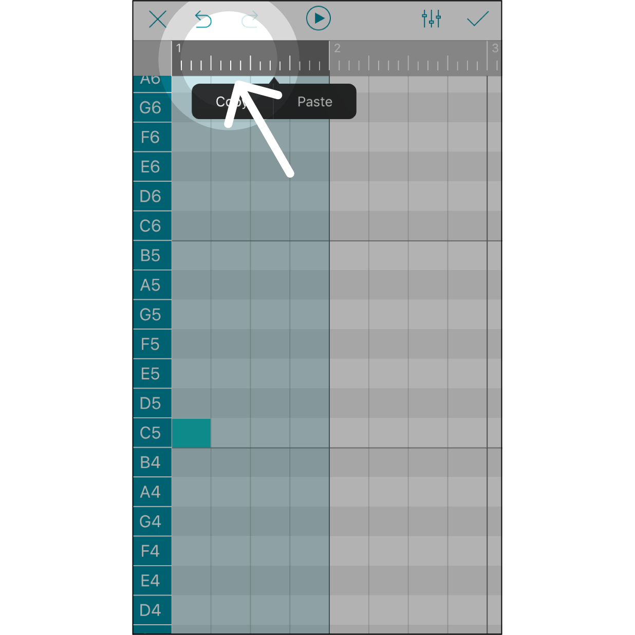 Select a SectionPress on the grey bar to select a section for editing. The first click will select a section of one beat. The numbers on this grey bar indicate which beat in the melody is being edited.