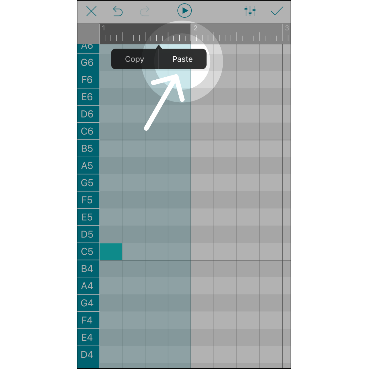 Paste Notes in the SectionHit “Paste”, and the copied selection will be pasted to replace the original content within the same length of selection. The starting point for paste content will be the starting point you select on the grey bar.