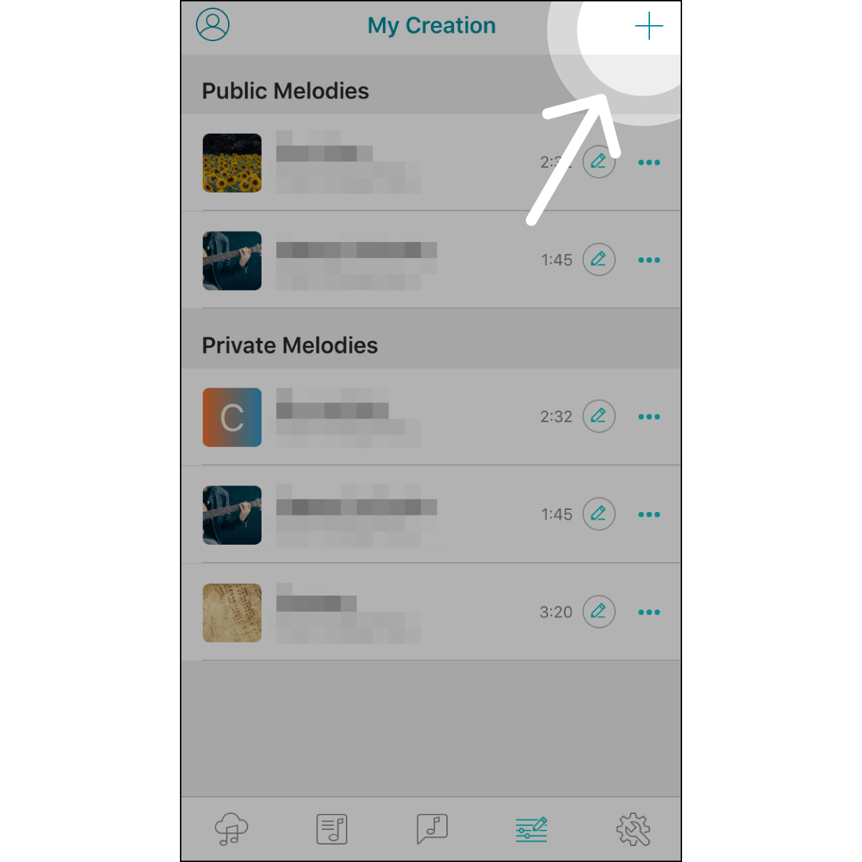 3. Create Melody in the appOpen up the Muro Box app, then navigate to “My Creation page”. Hit “+” on the top right corner.