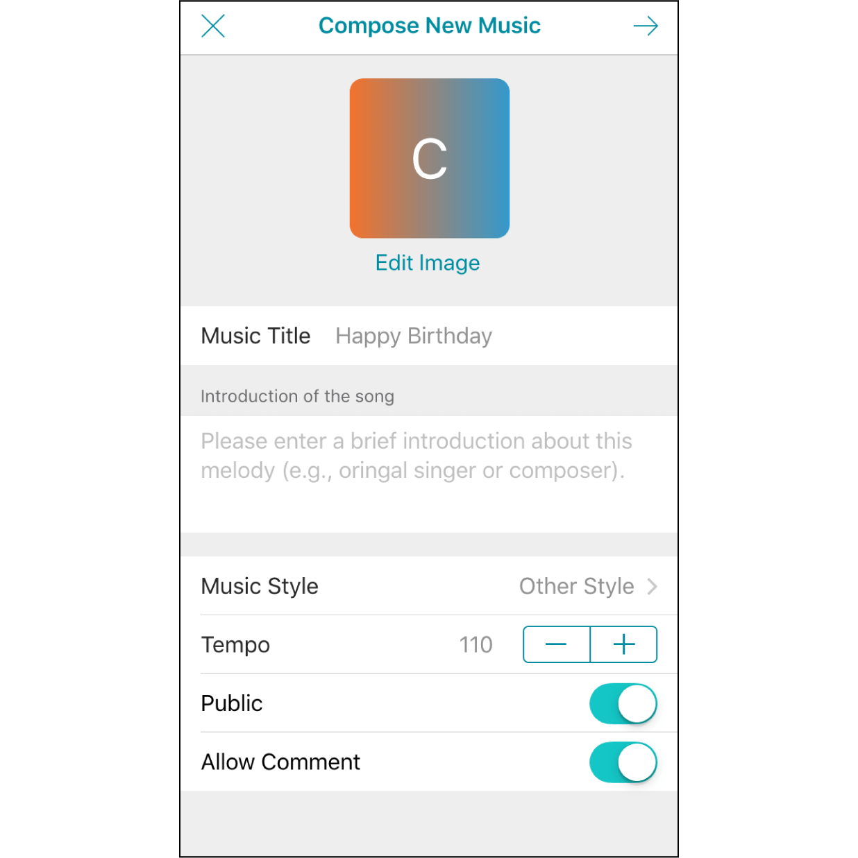 10. Edit Melody InformationEdit the information of the music. You can also decide on whether to share it with other Muro Box app users in the library or keep it private to yourself. Our default setting is private.