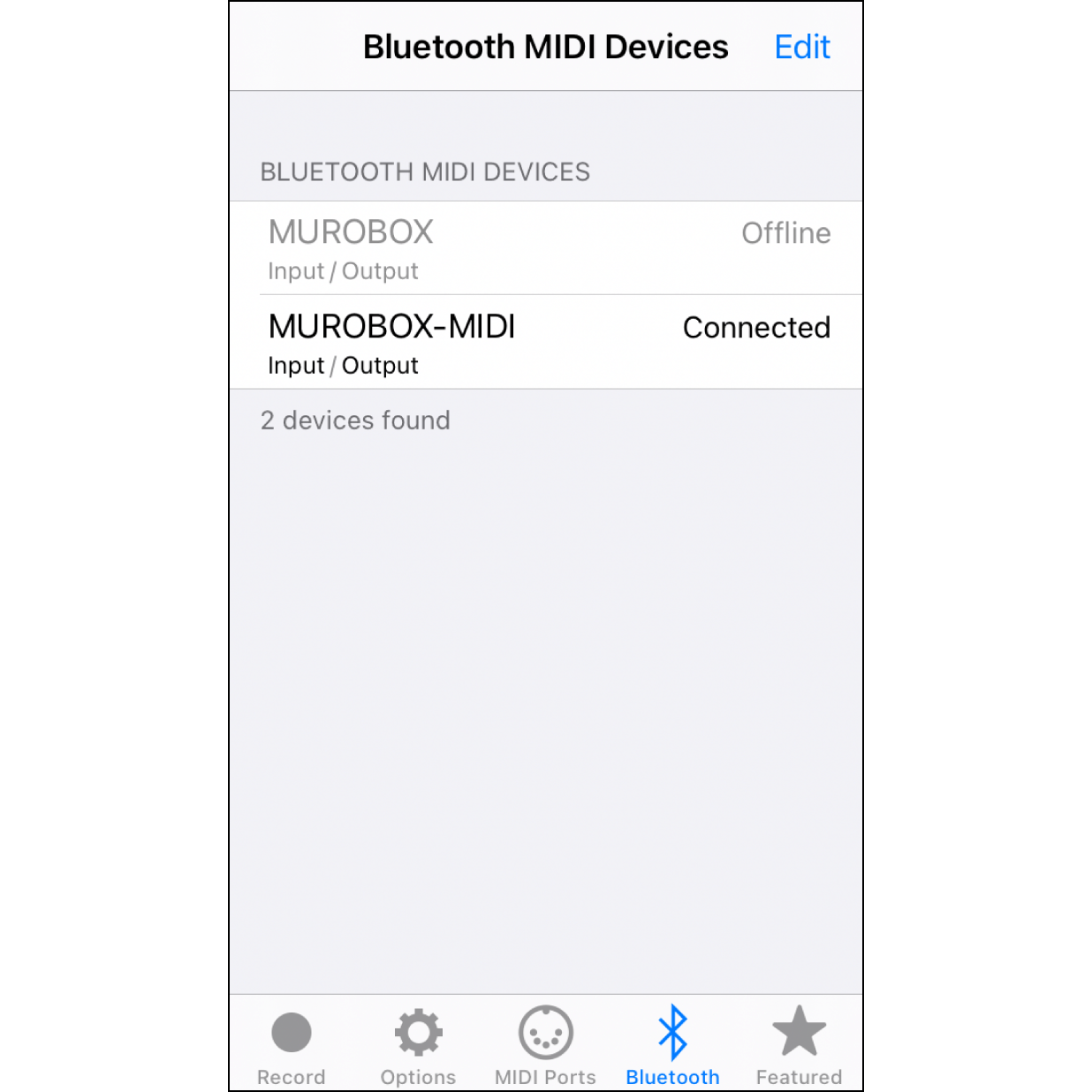 3. Select the MIDI Device“MUROBOX-MIDI” will show up in the list of options. Click this option for a few seconds, until its status shows as "Connected”.