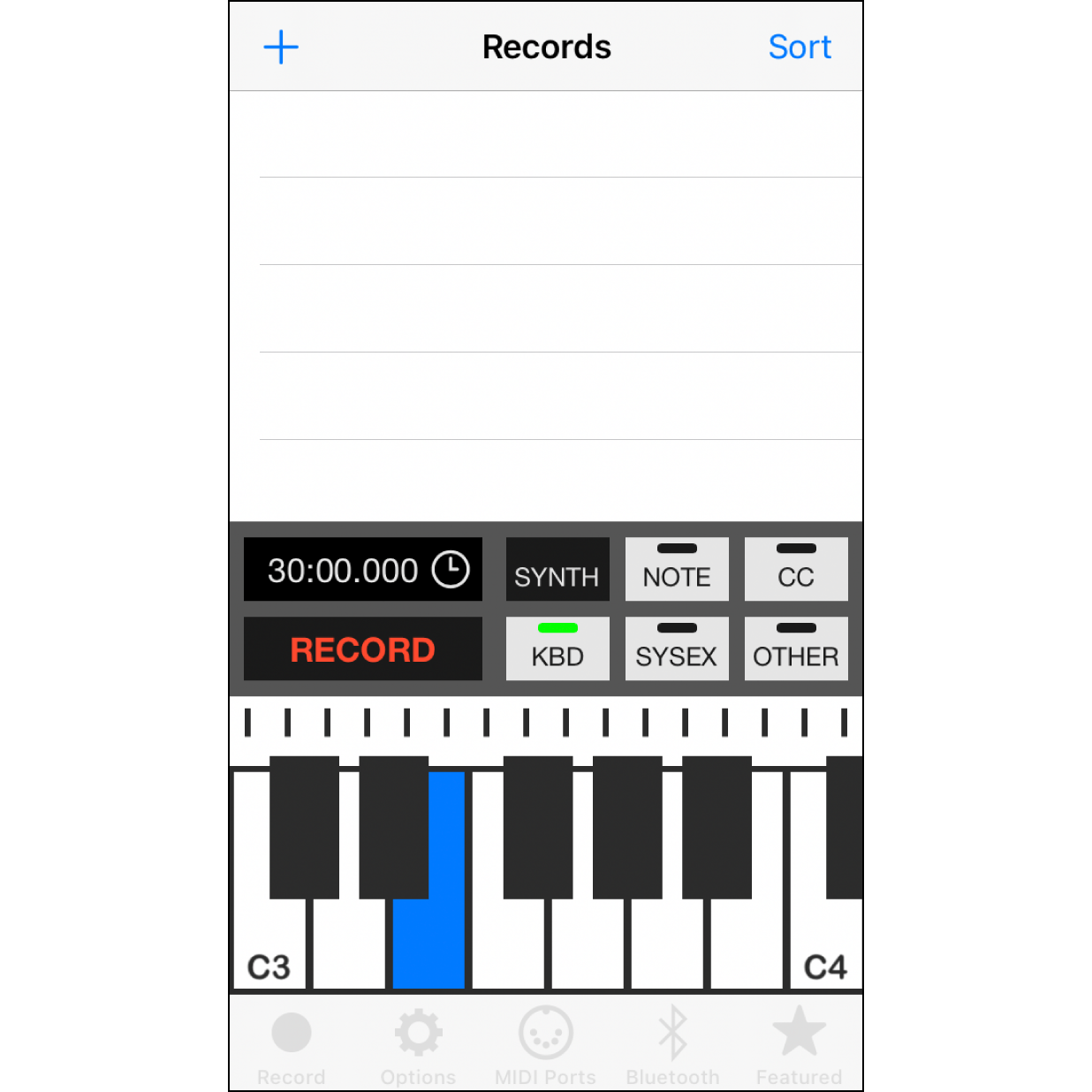 4. Click on the “Record” TabYou can use the keyboard shown in the  screen to play melodies, and your Muro Box will play the same notes in real time.