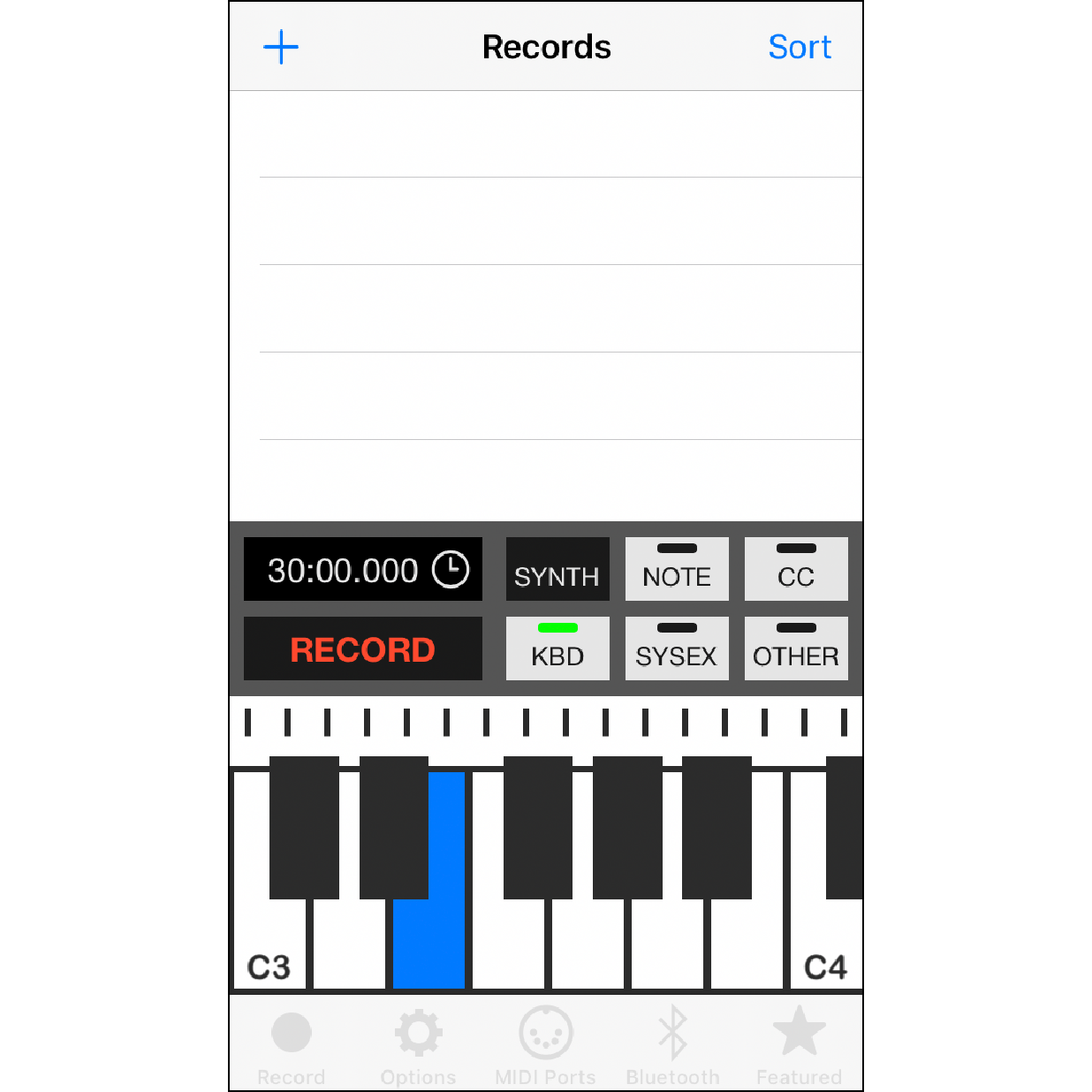 4. 点按App的录音页面  回到App的”Record”功能页面，使用下方键盘弹奏音符，音乐盒即可演奏出相对应的音乐。