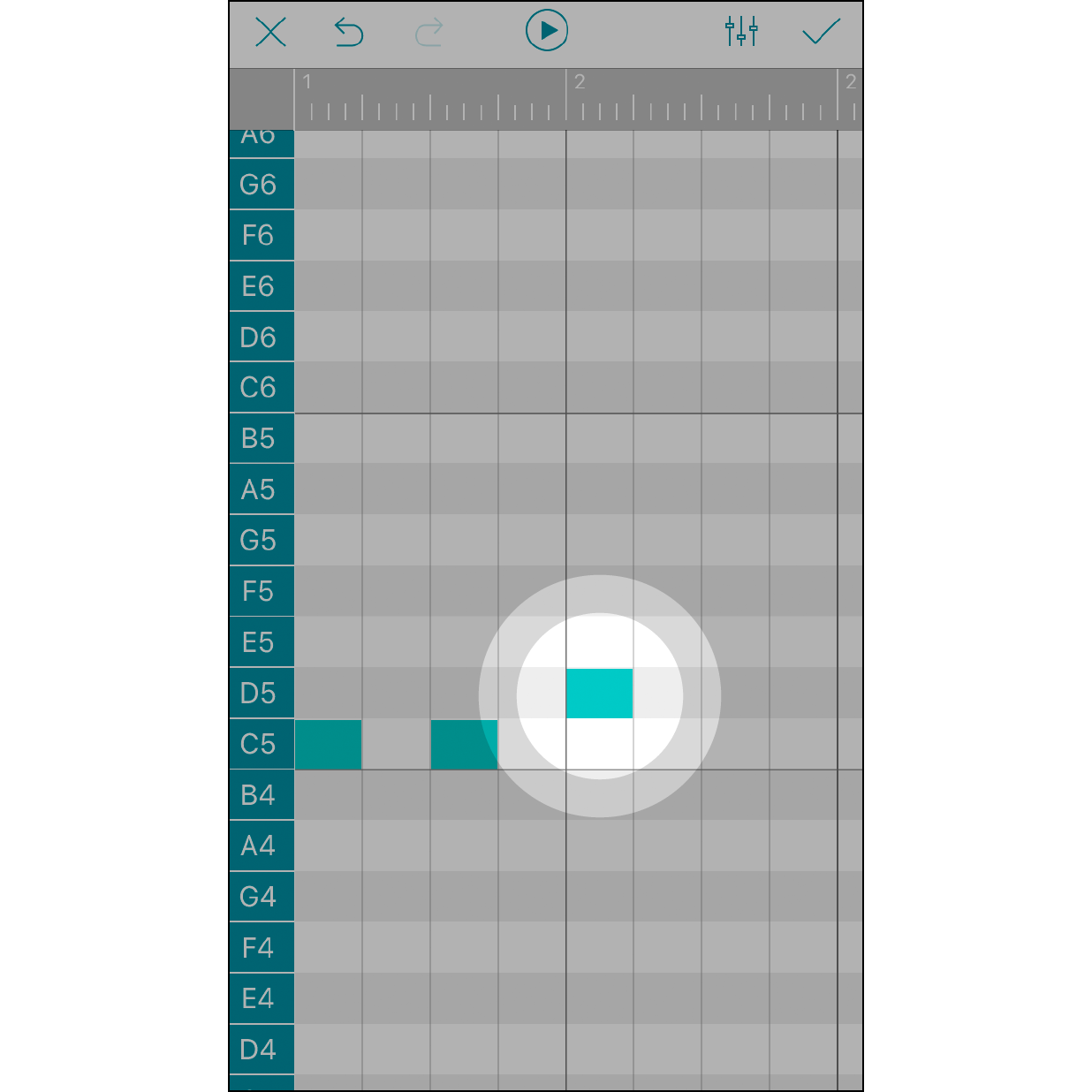4. 轻点增加音符  轻点屏幕方格会出现对应音 阶，再次点击以取消。每一个格子是16分音符。画面最上方的灰色横轴内显示的数字是拍数。