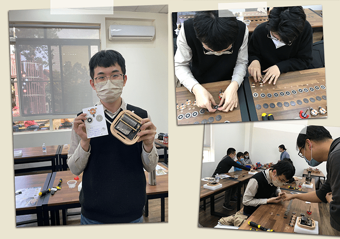 Dr. Huang and his friend, Mr. Jiang attended a DIY Muro Box assembly class in Taichung. They carefully assemble their Muro Boxes and when the Muro Box can play music, Dr. Huang was so happy and took a picture with his work and the thank-you card we made. This card shows three unique components from the cylinder part of Muro Box as the card’s decoration.