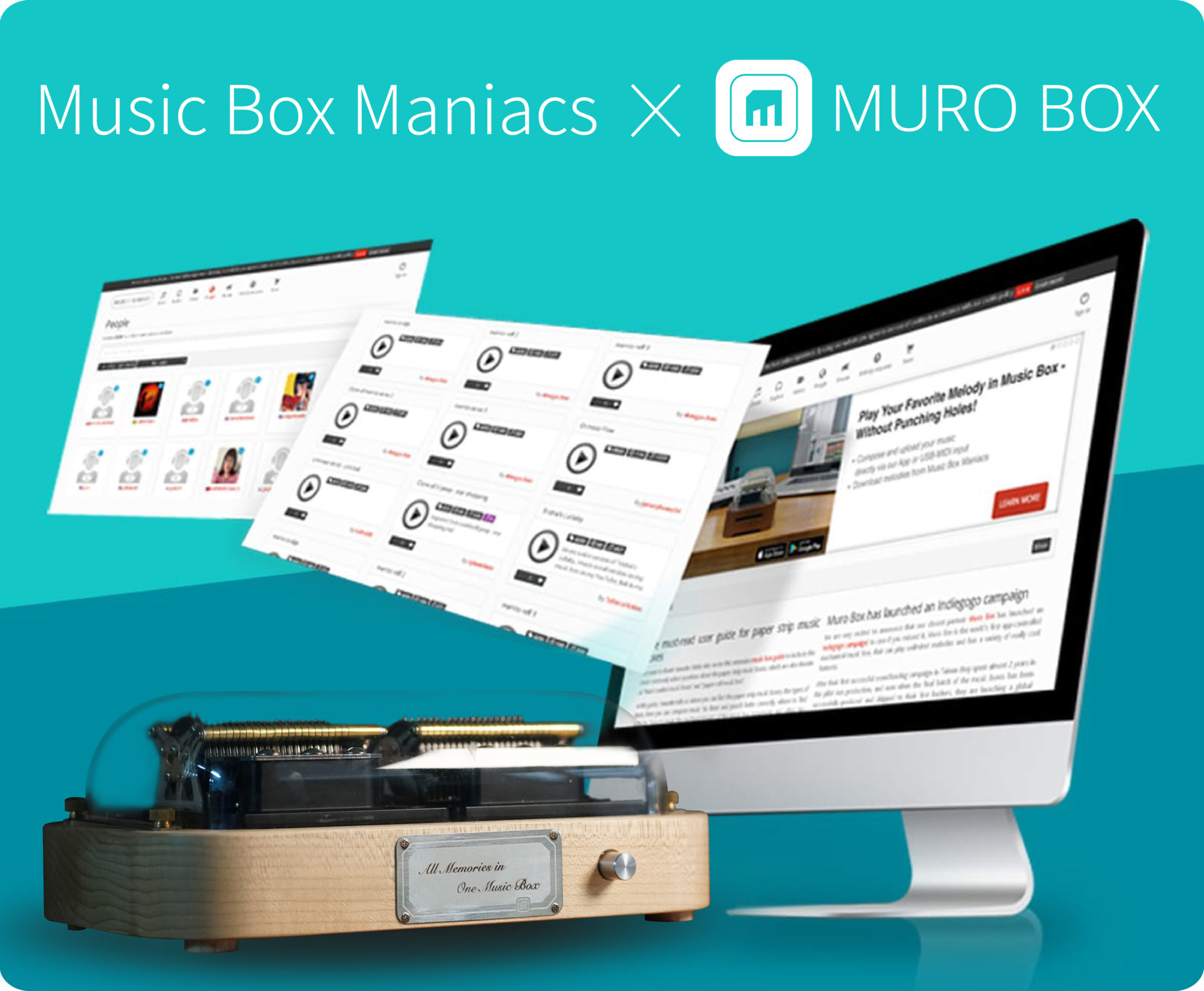 The Muro Box app allows you to download Music Box Maniacs (MBM) melodies to play on the Muro Box music box for free.