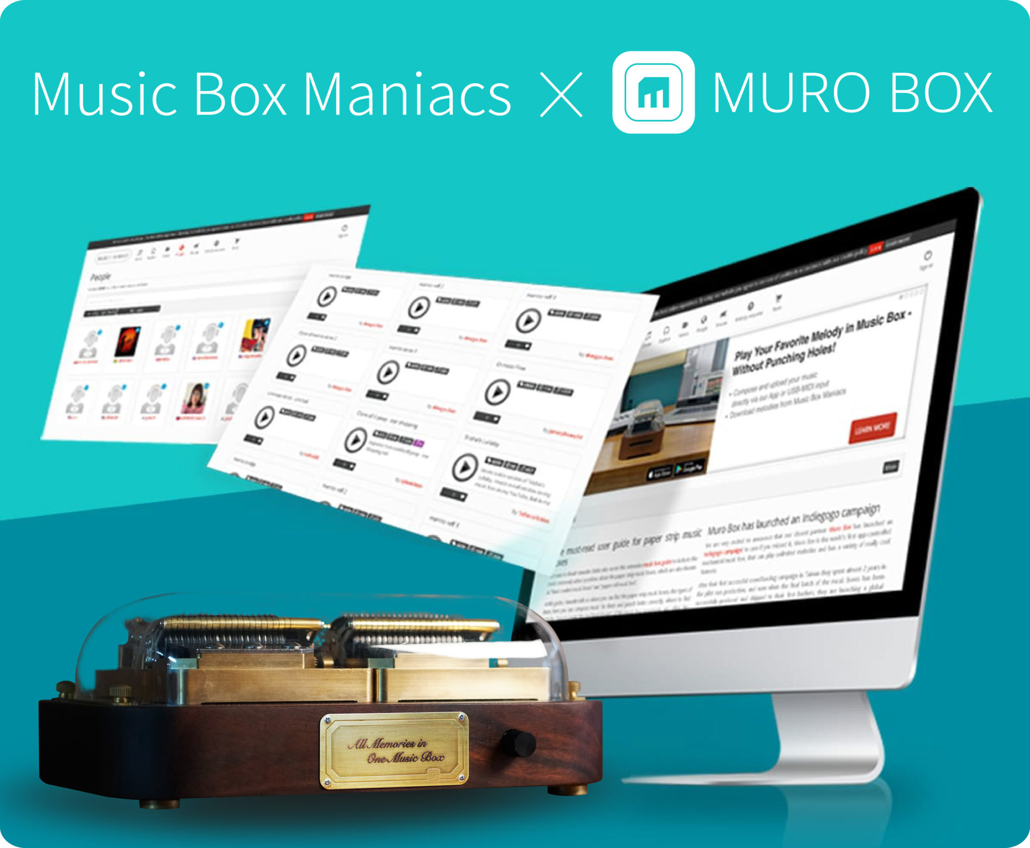 Muro Boxアプリは無料でダウンロードでき、世界最大のオルゴールコミュニティ「Music Box Maniacs（MBM）」の楽曲ライブラリを検索できます！