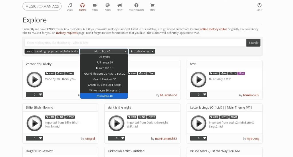 Music Box Maniacs 網站上選擇符合Muro Box-N40 音域範圍的歌曲方式