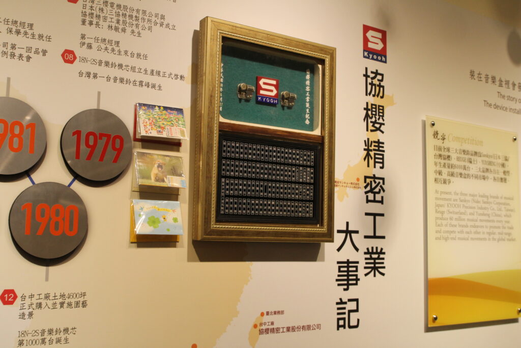 協櫻精密工業成立紀念匾額，展示首批台灣試產的 Sankyo「2S」音樂鈴機芯與創廠員工名錄。