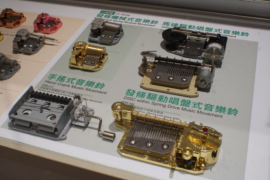 右排上方兩個為馬達驅動的唱盤式音樂鈴機芯，右下為發條驅動的唱盤式機芯，左方為手搖式紙帶音樂鈴機芯，皆屬於 TDM 編號系列。