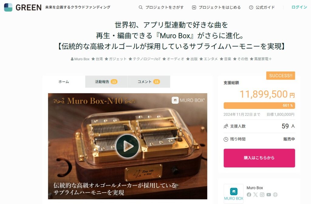 アプリで好きな曲を再生・編集できる世界初のスマートオルゴール「Muro Box-N40」のクラウドファンディングキャンペーン画面。透明な筐体に伝統的なシリンダーと櫛歯を備え、サブライムハーモニーを再現する高級オルゴールとして注目を集める。GREEN上で11,899,500円を達成し、661人の支援者を獲得。