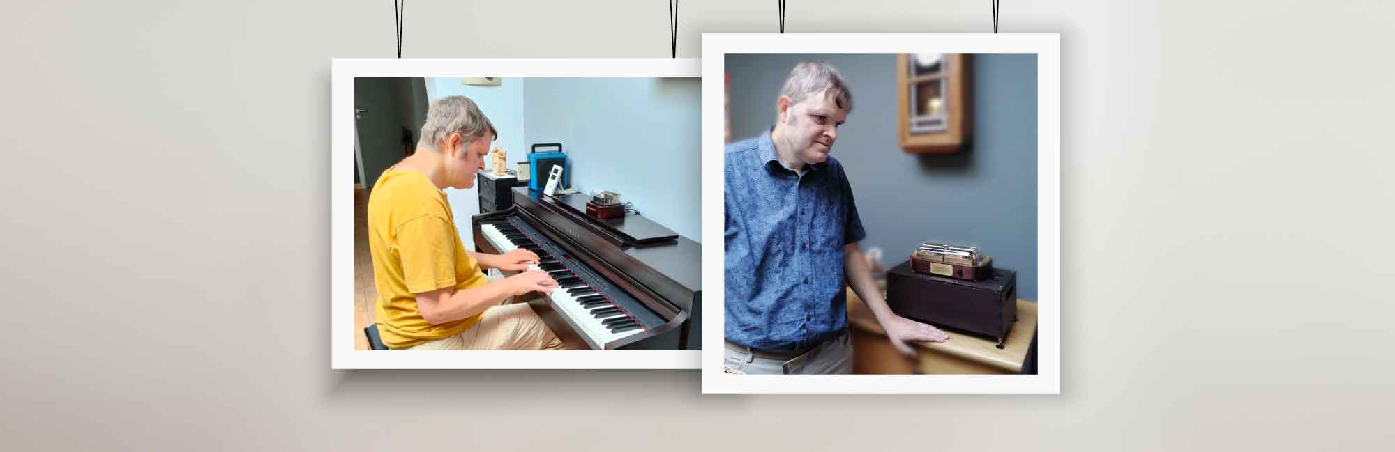 This is Geert from Belgium. In his living room, he has two Muro Box programmable music boxes: the smaller one on the left is the N20 Standard released during the early Indiegogo crowdfunding campaign, and the larger one on the right is the N40 Sublime model with its Acacia wood resonance box.
