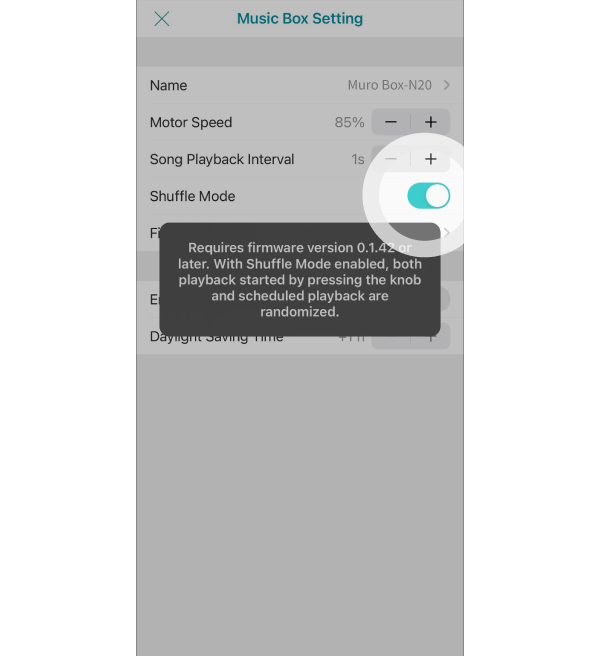 4. Turn on Shuffle Mode.
Please note:
This feature requires firmware version 0.1.42 or later.
When enabled, both knob playback and scheduled playback will play songs in a random order.