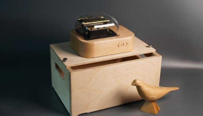 A wooden bird photographed together with the N20 Lite Go app-controlled and programmable music box and its resonance box, handcrafted by Mr. Chih-Wei Yeh, owner of Chingkung Wood Co.